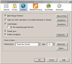 FireFox Options Screen